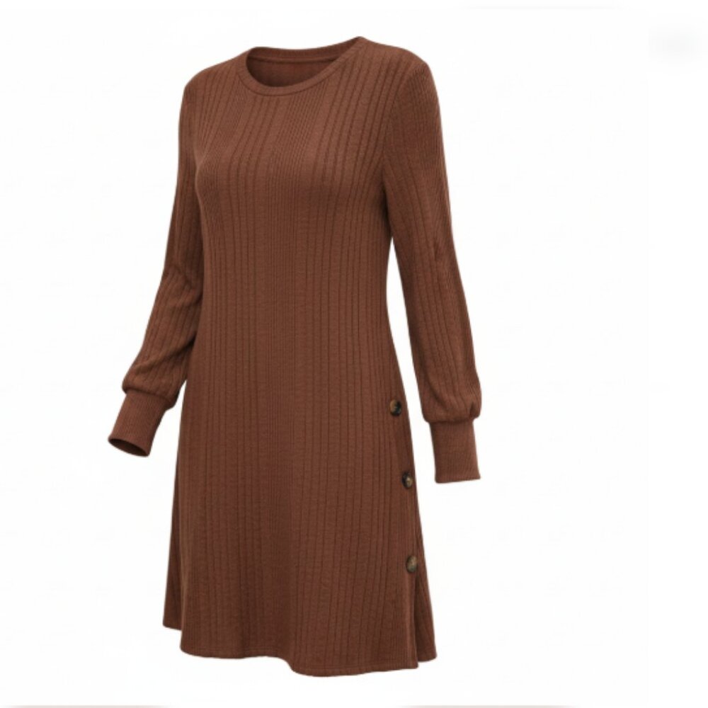 Kikibell Women’s Knit Dress Size L Long Sleeve Crew Neck Button Side NEW